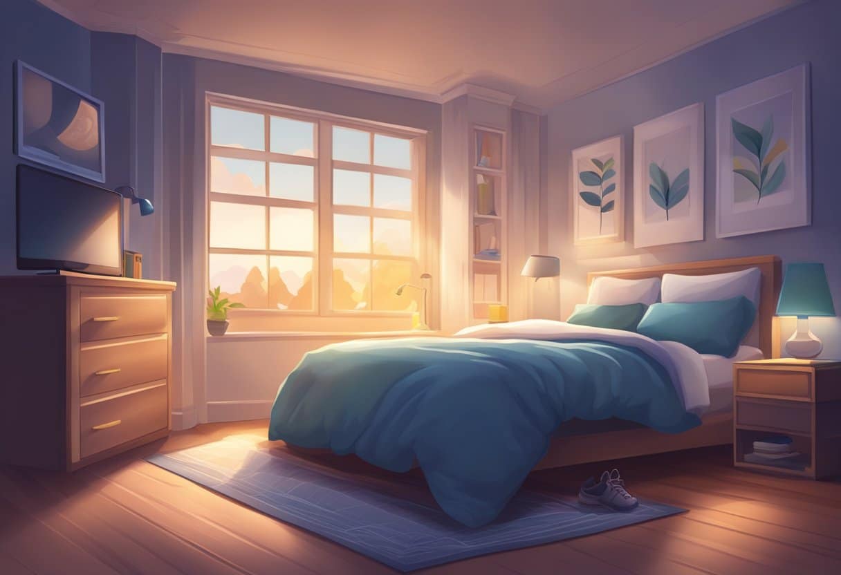 A peaceful bedroom with a cozy bed, a pair of running shoes, and a stopwatch symbolizing athletic performance. Moonlight shines through the window, creating a serene atmosphere