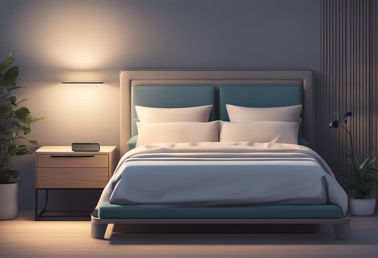 A sleek smart ring sits on a nightstand, glowing softly in the dark as it collects data on the user's sleep patterns