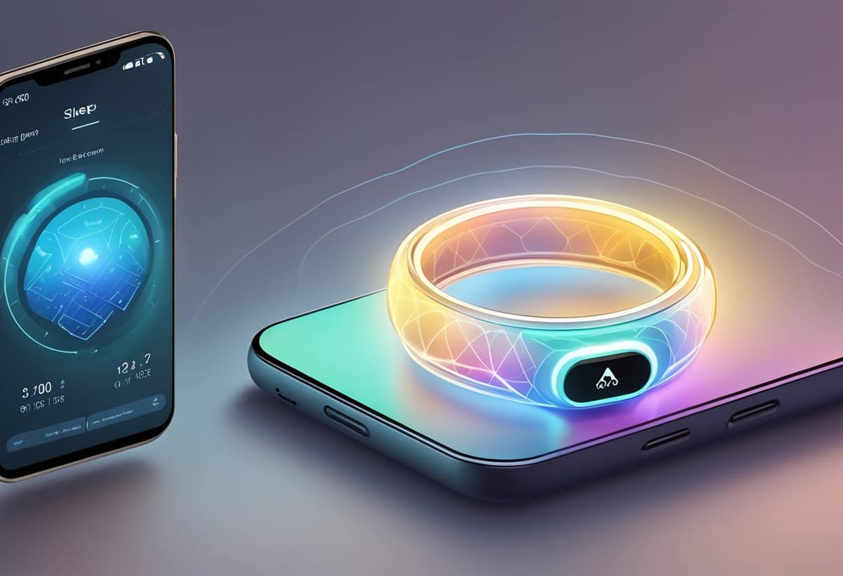 A smart ring emitting light patterns while connected to a sleep tracking app on a smartphone, showcasing the future of sleep analysis