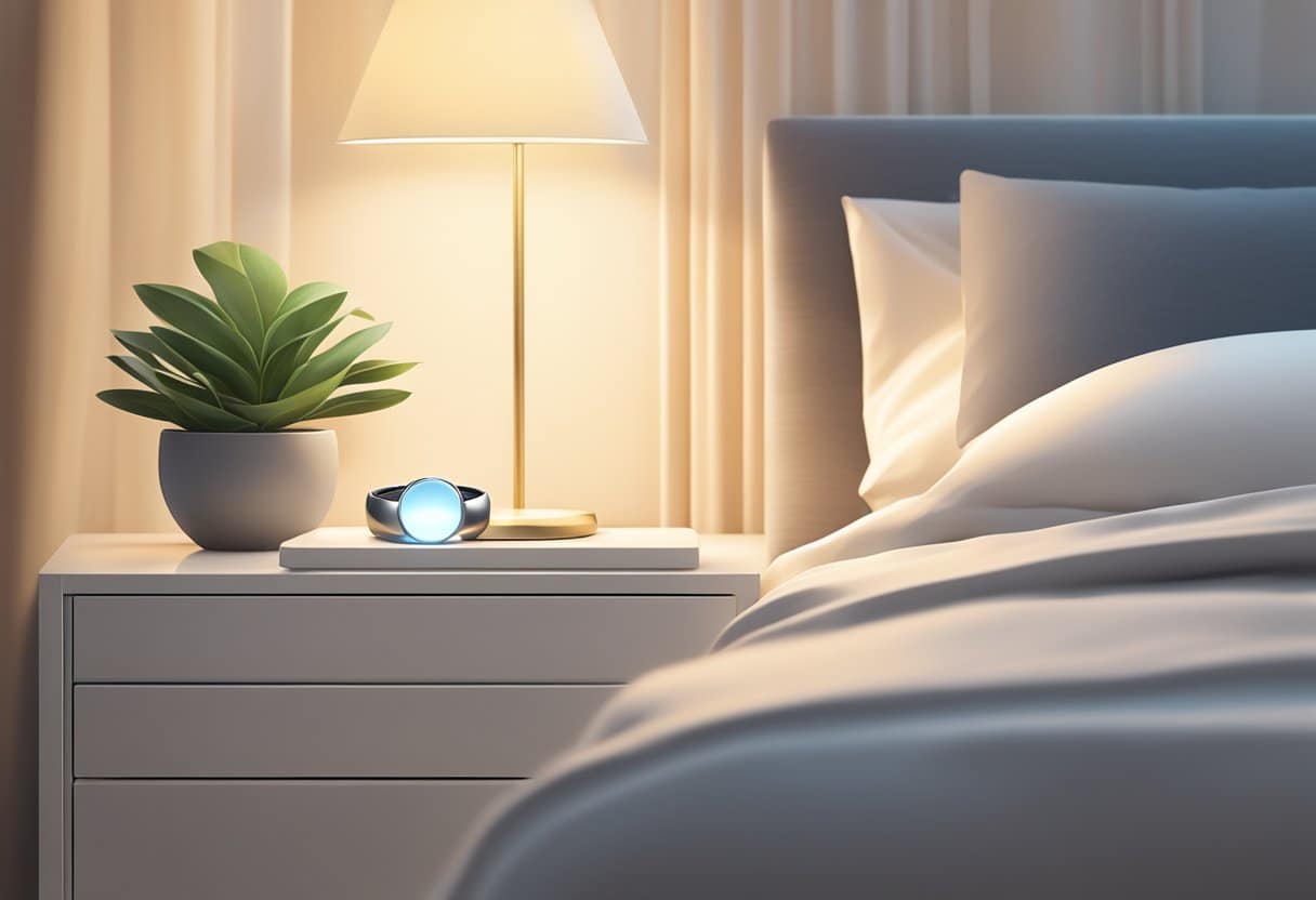 A sleek smart ring resting on a nightstand, surrounded by a soft glow, with a tranquil bedroom in the background