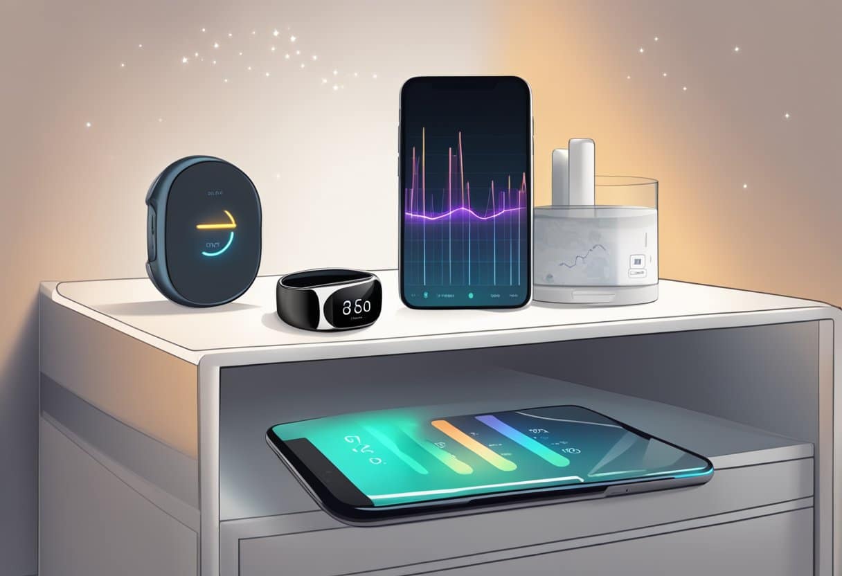 A smart ring placed on a nightstand next to a smartphone displaying sleep metrics on the screen
