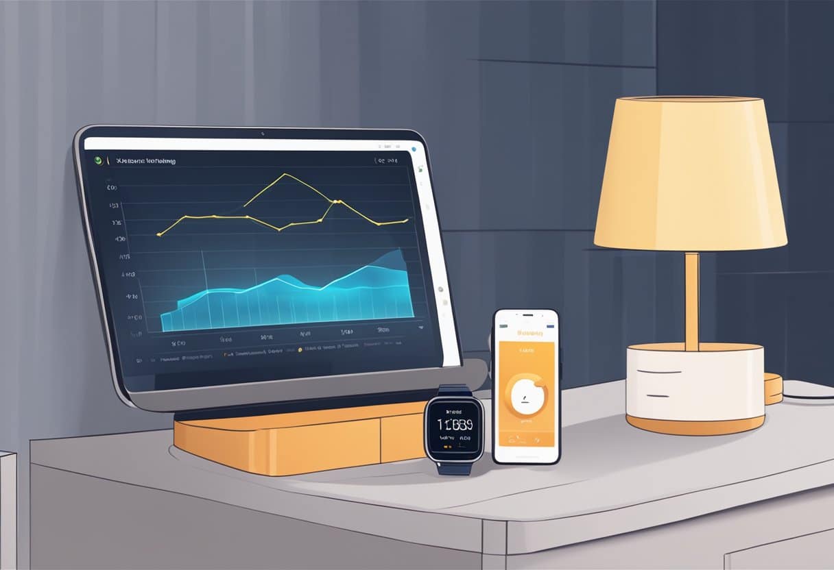 A smart ring placed on a nightstand next to a sleep tracking device. A chart showing sleep data displayed on a digital screen