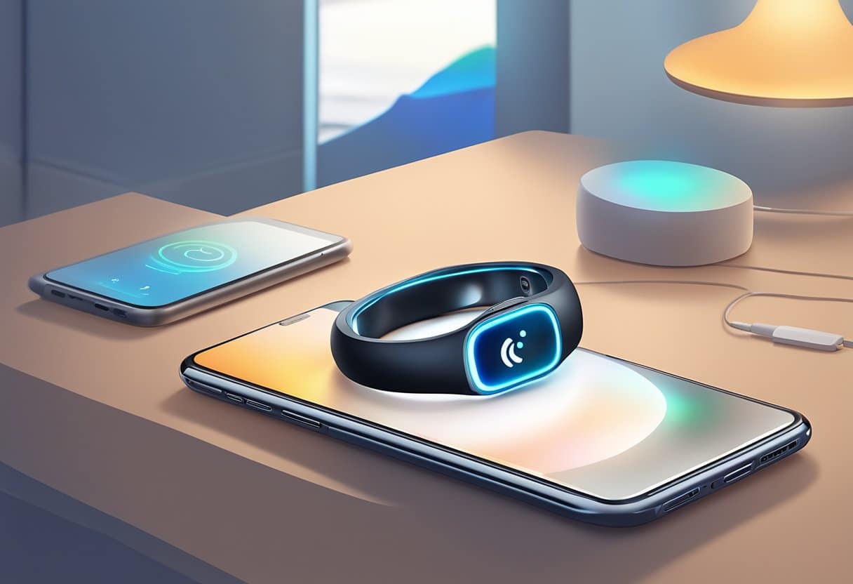 A smart ring sits on a bedside table, glowing softly as it wirelessly syncs with a sleep tracking app on a smartphone