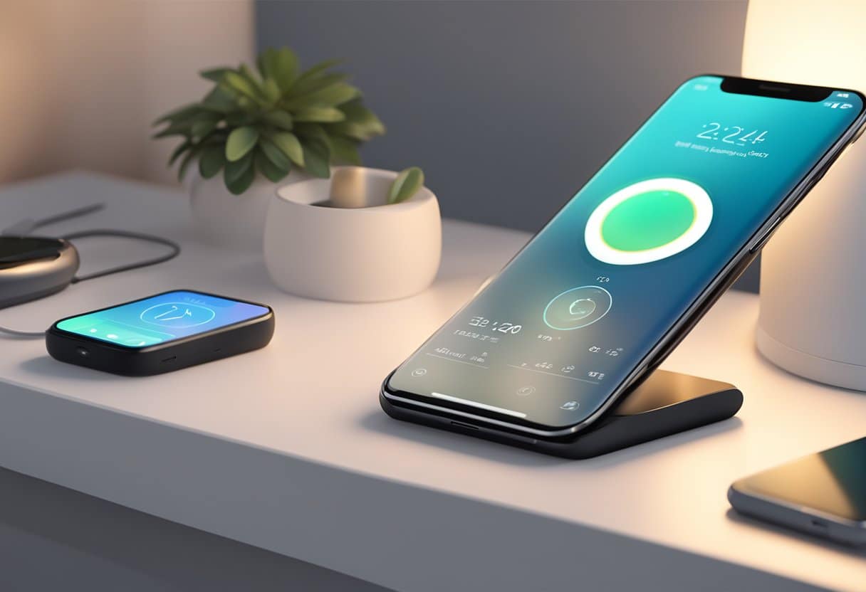 A sleek smart ring resting on a bedside table, glowing softly with sleep tracking data displayed on a nearby smartphone