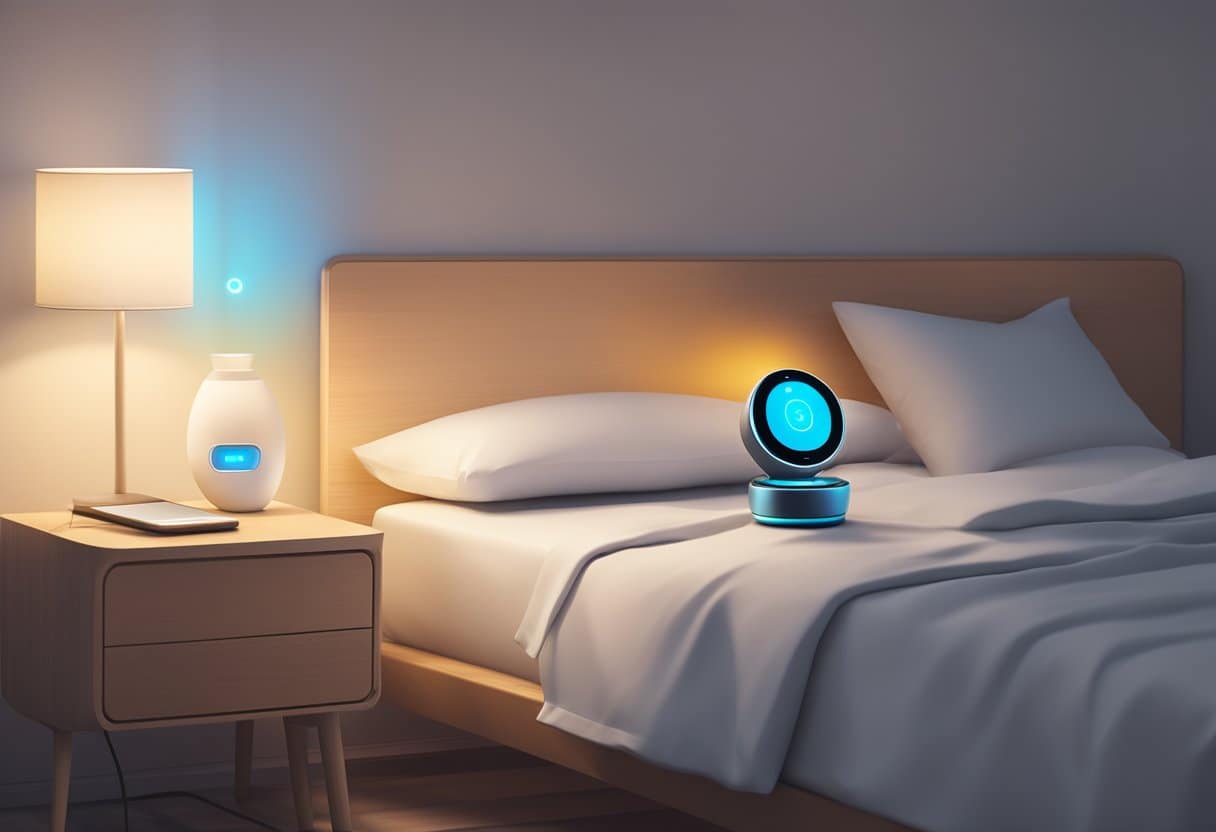 A smart ring glowing on a bedside table, casting a soft light on a sleep tracking app displayed on a smartphone