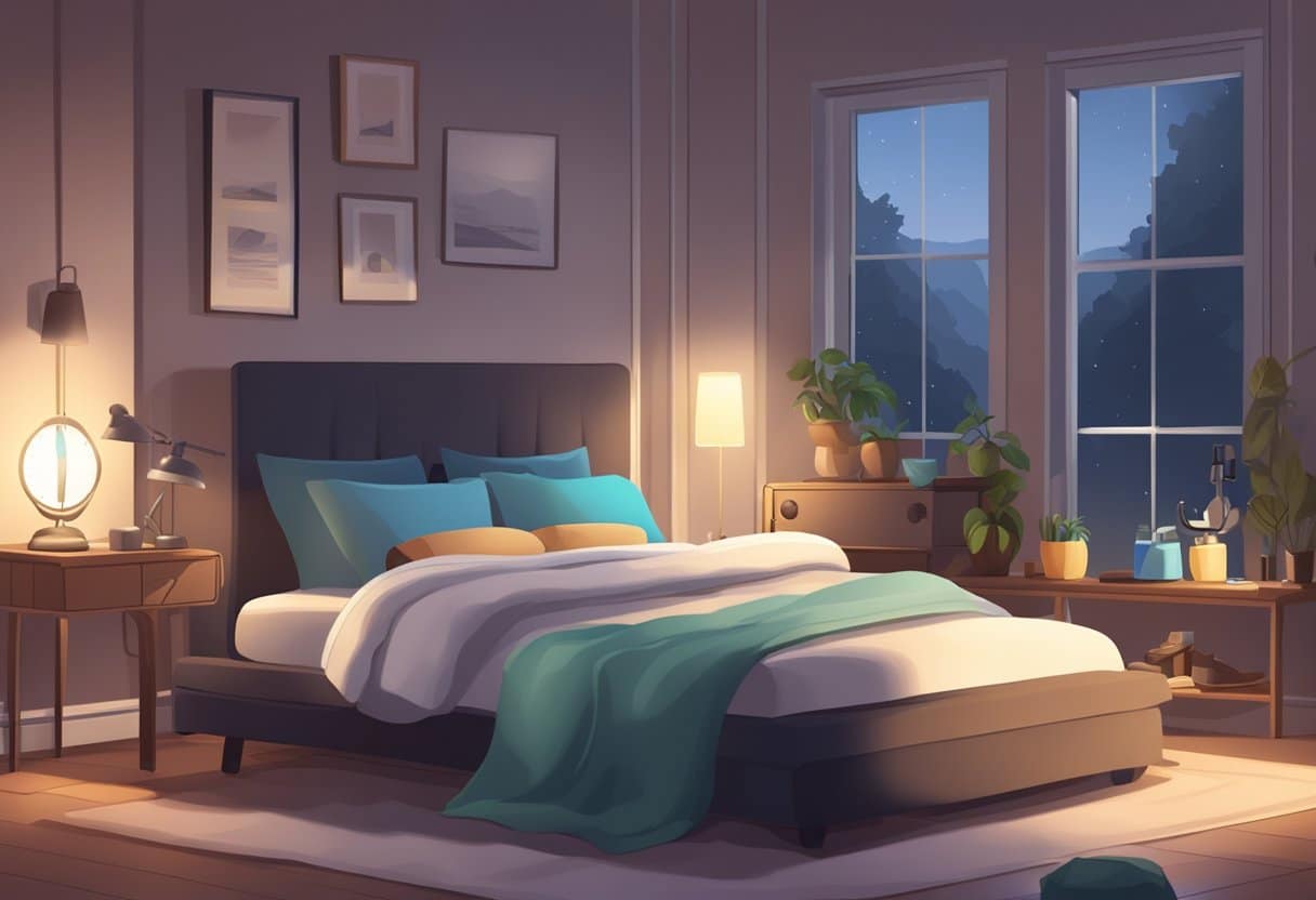 A serene, dimly lit bedroom with a cozy bed, a peaceful atmosphere, and a clock showing a late hour, surrounded by fitness equipment and protein supplements
