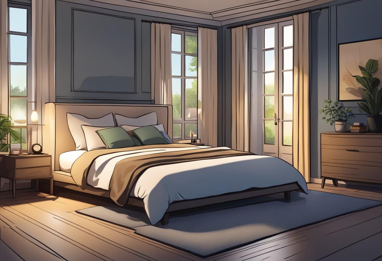 A serene, dimly lit bedroom with a comfortable bed and pillows, surrounded by peaceful surroundings and a sense of relaxation