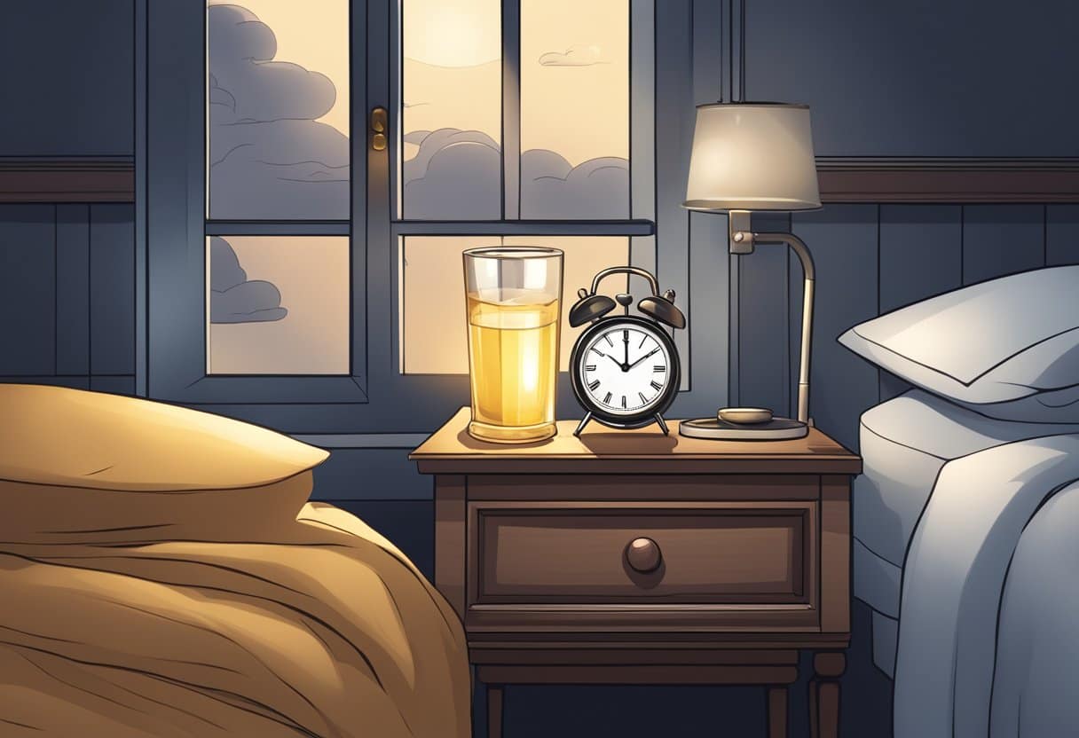 A bedside table with a glass of water, a clock showing nighttime, and a peaceful sleeping environment with a moonlit window