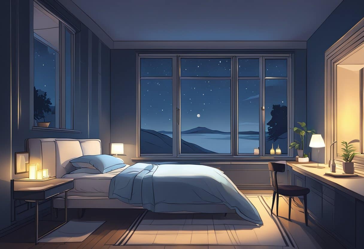 A serene bedroom at night with a glass of water on a bedside table, moonlight streaming through the window onto a peacefully sleeping figure