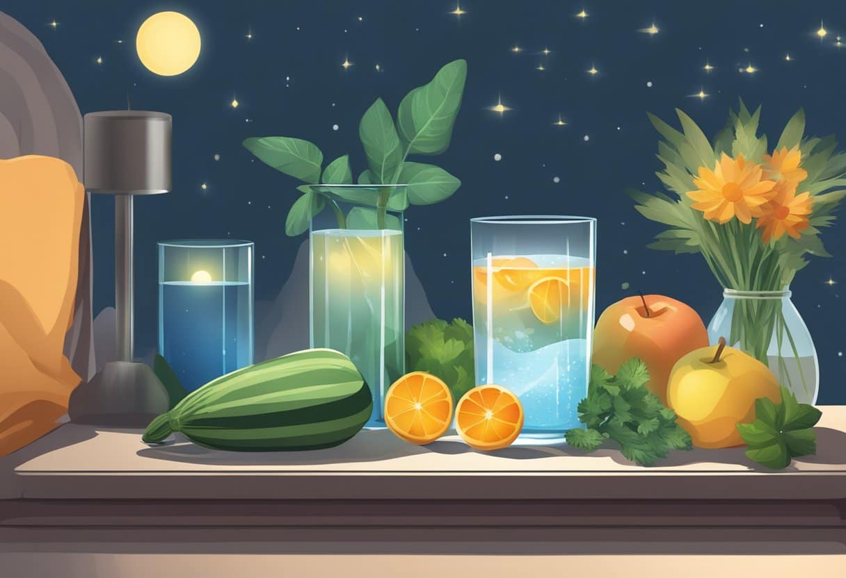 A serene night scene with a glass of water on a bedside table, surrounded by fruits and vegetables, symbolizing the connection between hydration and better sleep