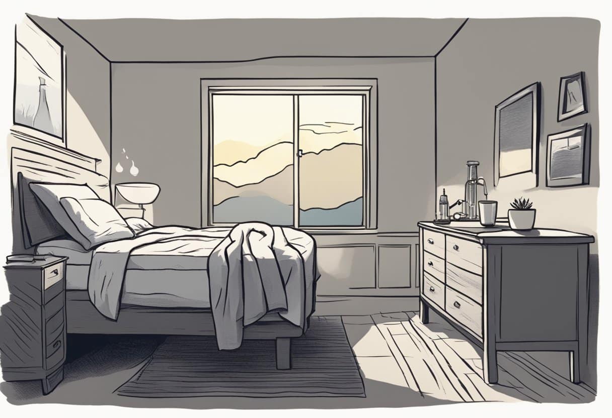 A dimly lit bedroom with a glass of water on a bedside table, a person sleeping restlessly, and a thought bubble showing a parched throat