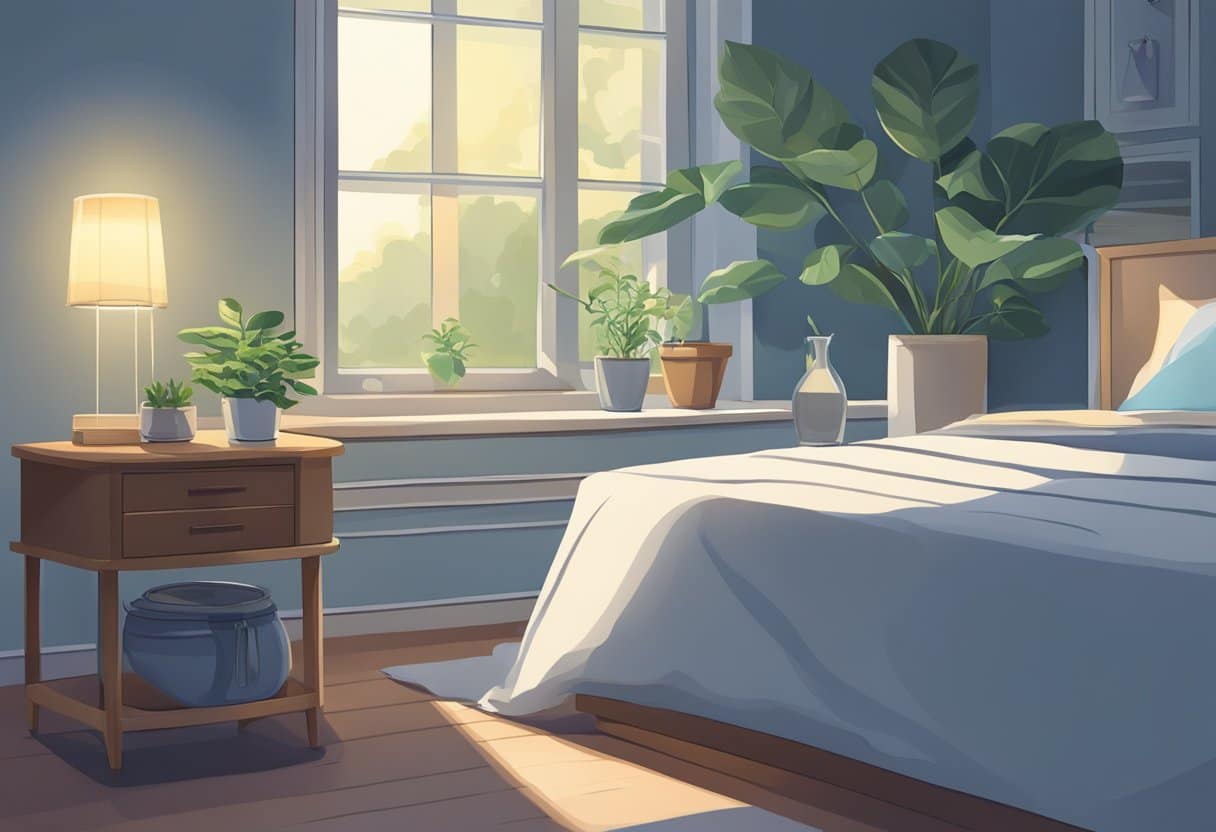 A serene bedroom with a bedside table holding a glass of water, a pitcher, and a plant. Moonlight filters through the window, casting a gentle glow