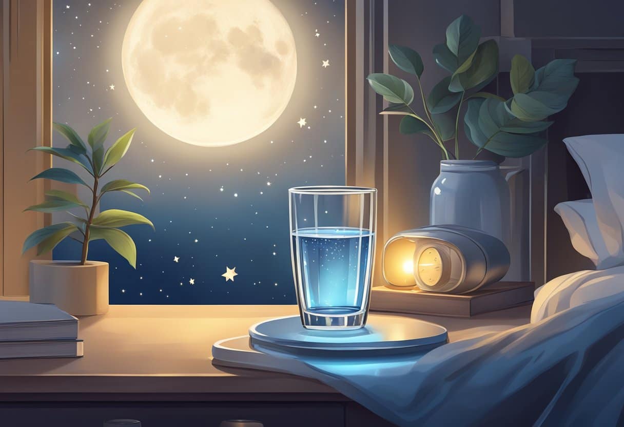 A serene night scene with a clear glass of water on a bedside table, surrounded by stars and a crescent moon, symbolizing the connection between hydration and better sleep