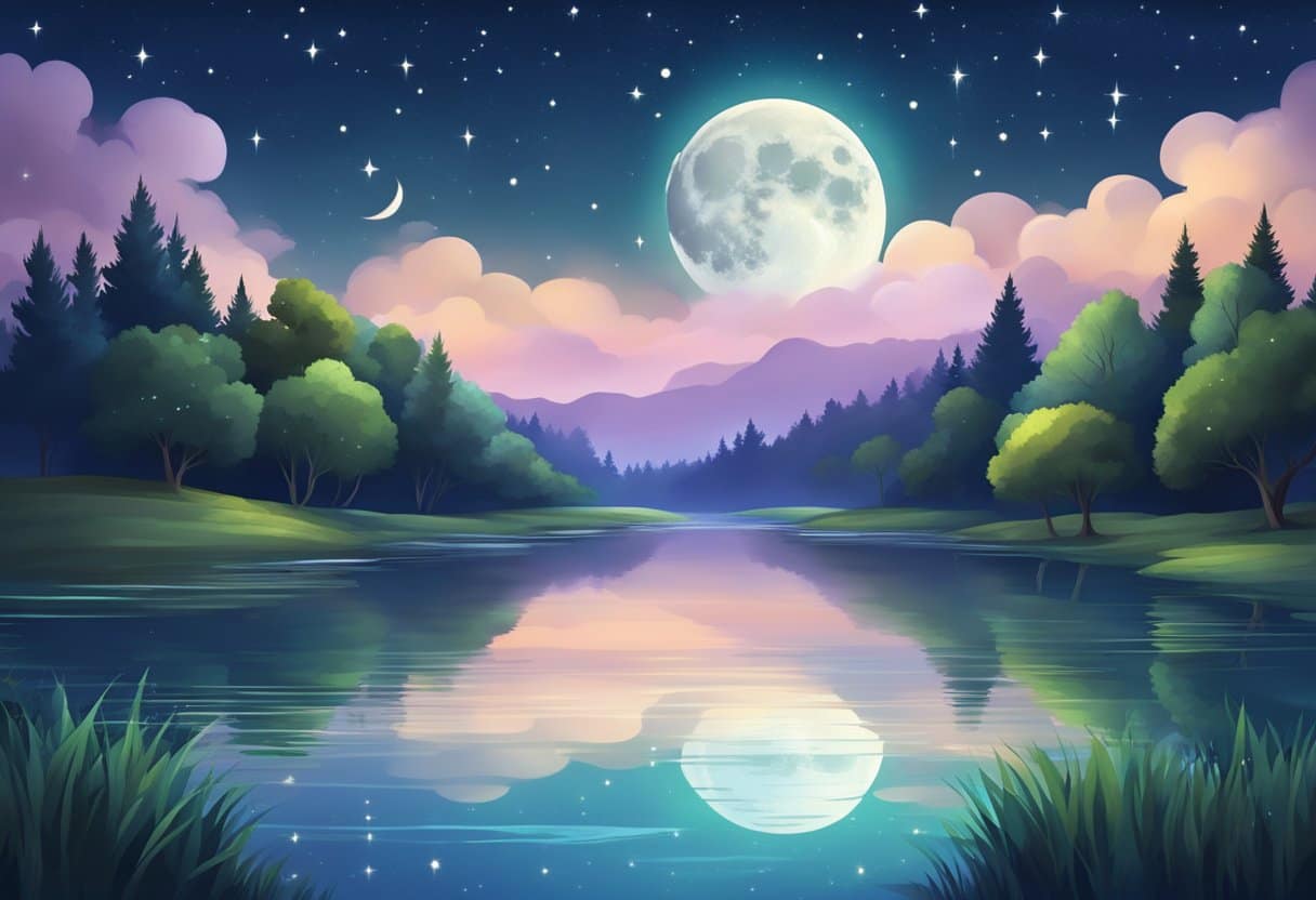 A serene night sky with a moon and stars shining down, surrounded by a tranquil landscape of greenery and flowing water
