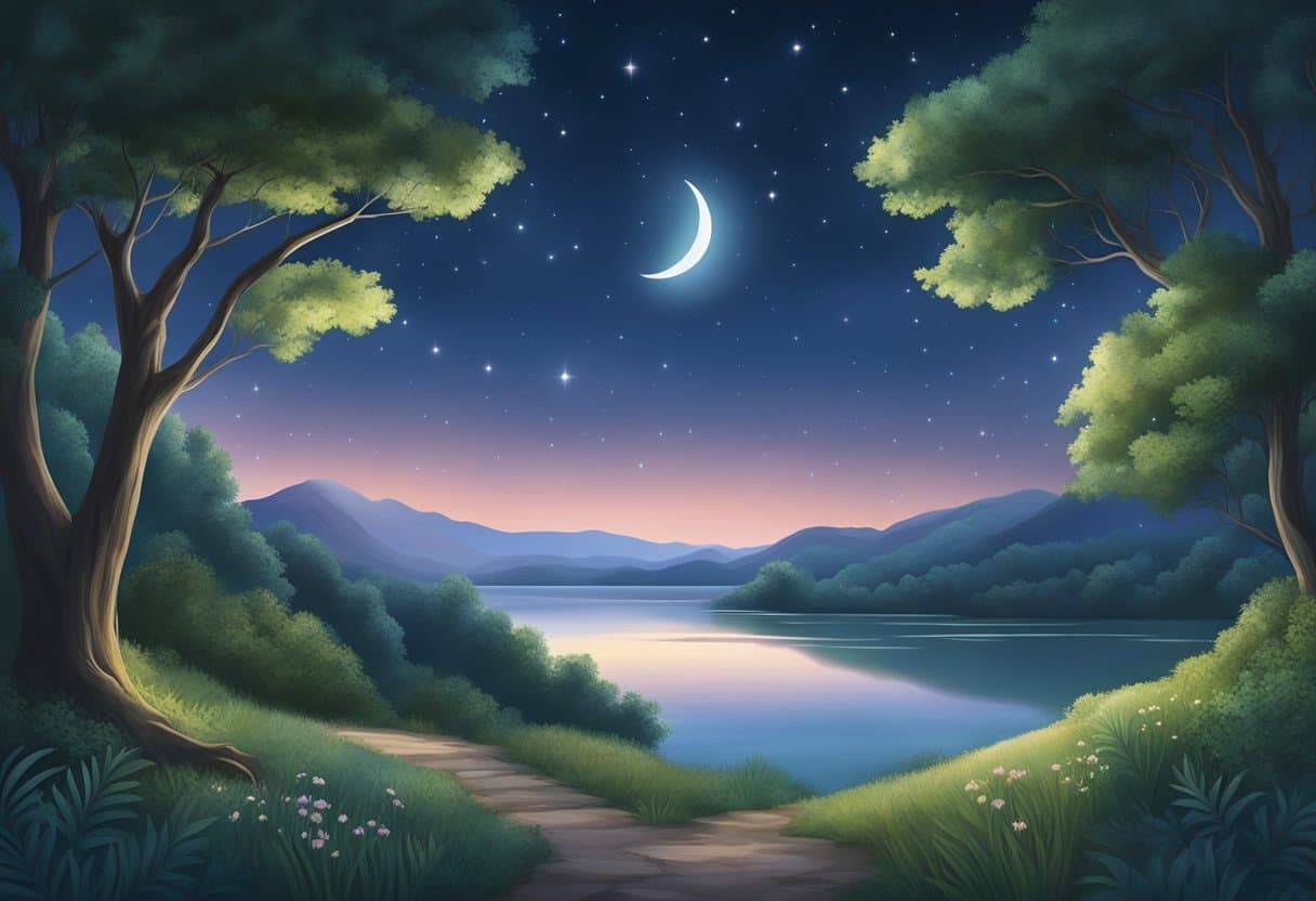 A serene night sky with a crescent moon shining down on a peaceful landscape of lush greenery and a tranquil body of water, with various sources of magnesium and tryptophan subtly integrated into the scenery