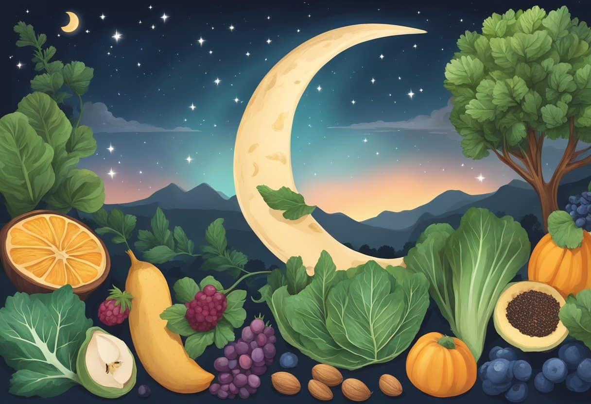 A serene night sky with a crescent moon shining above, surrounded by a variety of nutrient-rich foods such as leafy greens, nuts, and seeds