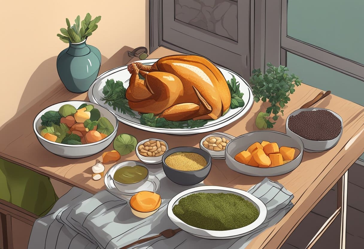 A serene bedroom with a plate of magnesium-rich foods, a turkey containing tryptophan, and other nutrient-rich items laid out on a nightstand