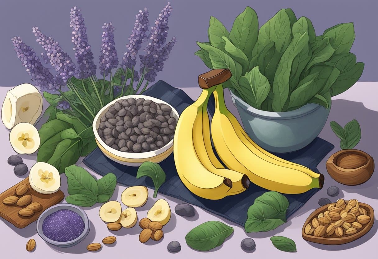 A serene nighttime scene with a variety of nutrient-rich foods such as bananas, spinach, and nuts, surrounded by calming elements like lavender and chamomile