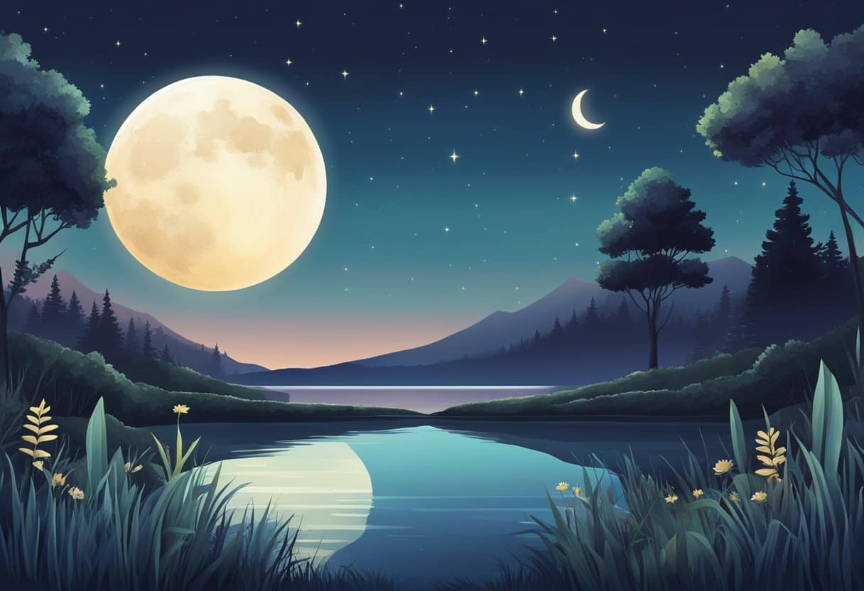 A serene night sky with a crescent moon shining down on a tranquil landscape. A peaceful scene with a focus on natural elements such as plants and water