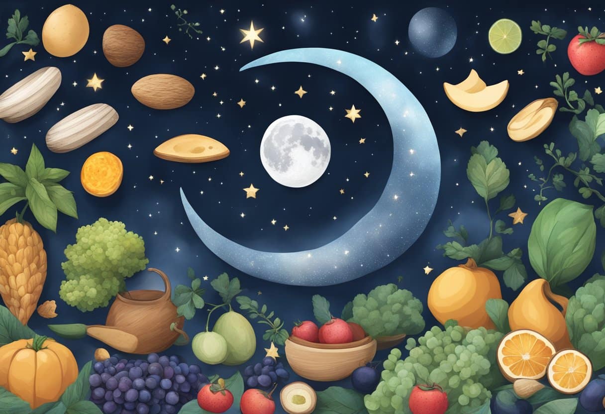 A serene night sky with a crescent moon and stars, surrounded by images of magnesium-rich foods and sources of tryptophan