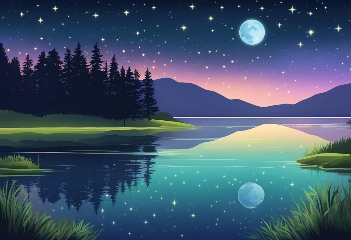 A serene night scene with a calm lake reflecting the moonlight, surrounded by lush greenery and a starry sky above