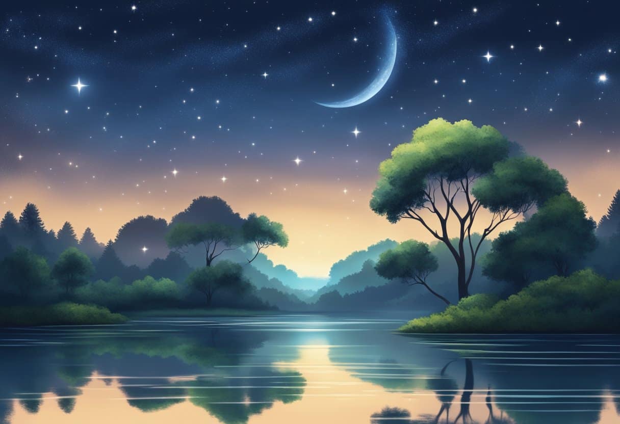 A tranquil night scene with a calm body of water reflecting a starry sky, surrounded by lush greenery and peaceful surroundings