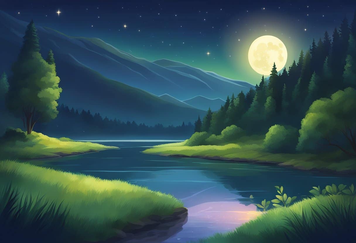 A serene night sky with a crescent moon shining down on a tranquil landscape, featuring a peaceful river and lush greenery