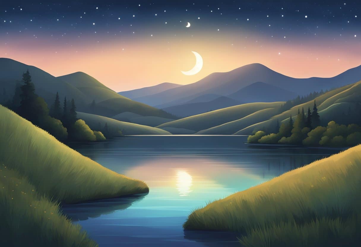 A serene night sky with a crescent moon shining down on a peaceful landscape of rolling hills and a calm body of water