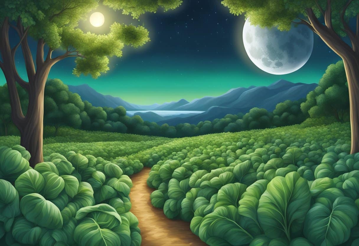 A serene night sky with a full moon shining down on a peaceful landscape of green leafy vegetables and nuts, symbolizing dietary sources of magnesium and the support it provides for relaxation and restful sleep
