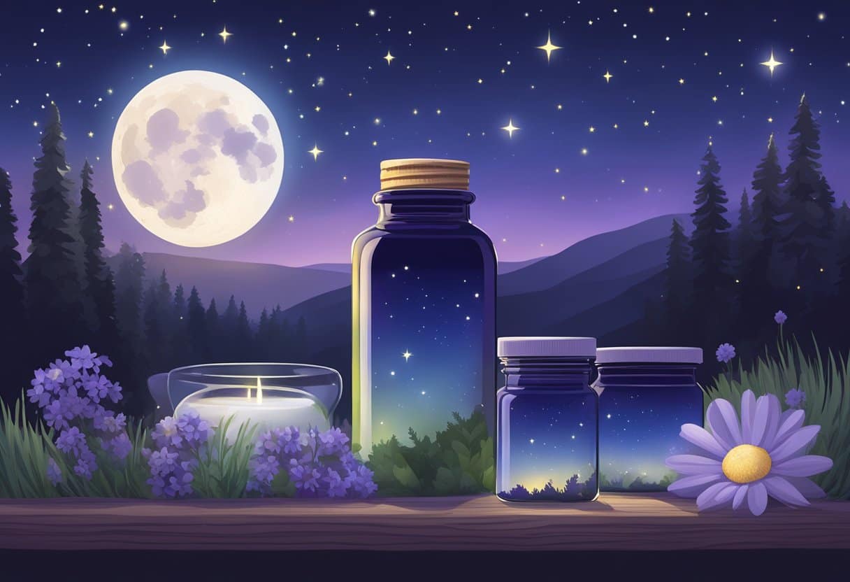A serene nighttime landscape with a glowing moon and starry sky, featuring a bottle of magnesium supplements surrounded by calming elements like lavender and chamomile