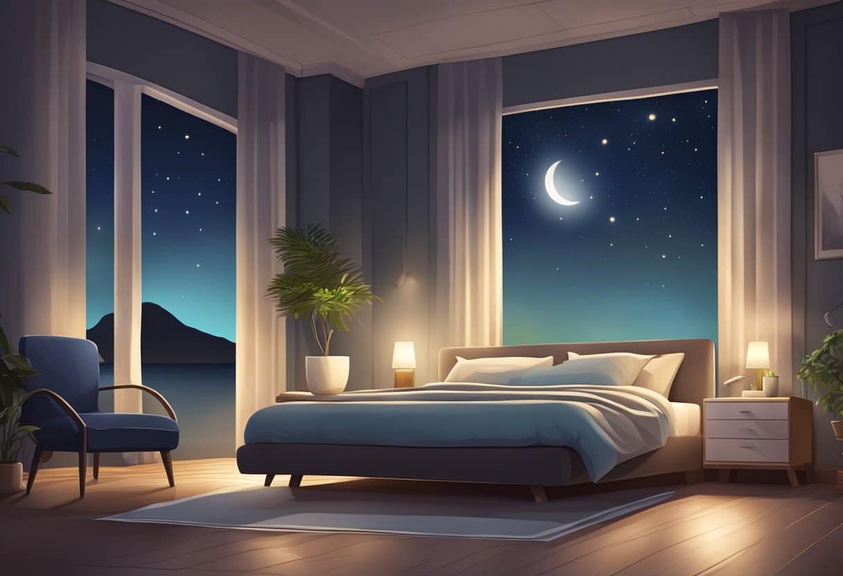 A serene night scene with a peaceful sleeping environment, including a bed, pillows, and a calming atmosphere with the presence of magnesium-rich foods or supplements