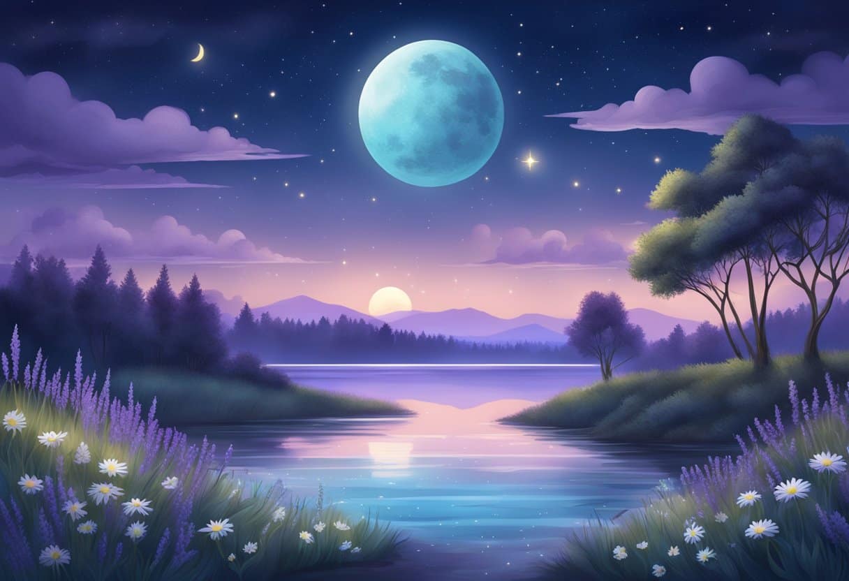 A serene nighttime scene with a glowing moon and stars, surrounded by calming elements like lavender, chamomile, and a peaceful body of water