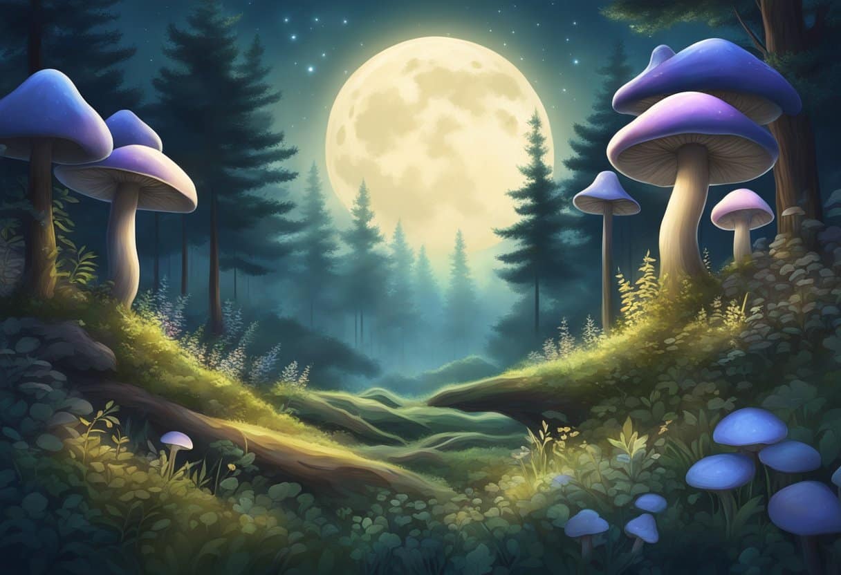 A serene forest clearing with moonlit mushrooms and tranquil herbs intertwined with glowing energy
