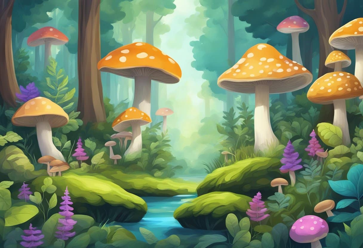 A tranquil forest with a variety of colorful herbs and mushrooms growing among the trees, creating a peaceful and soothing atmosphere