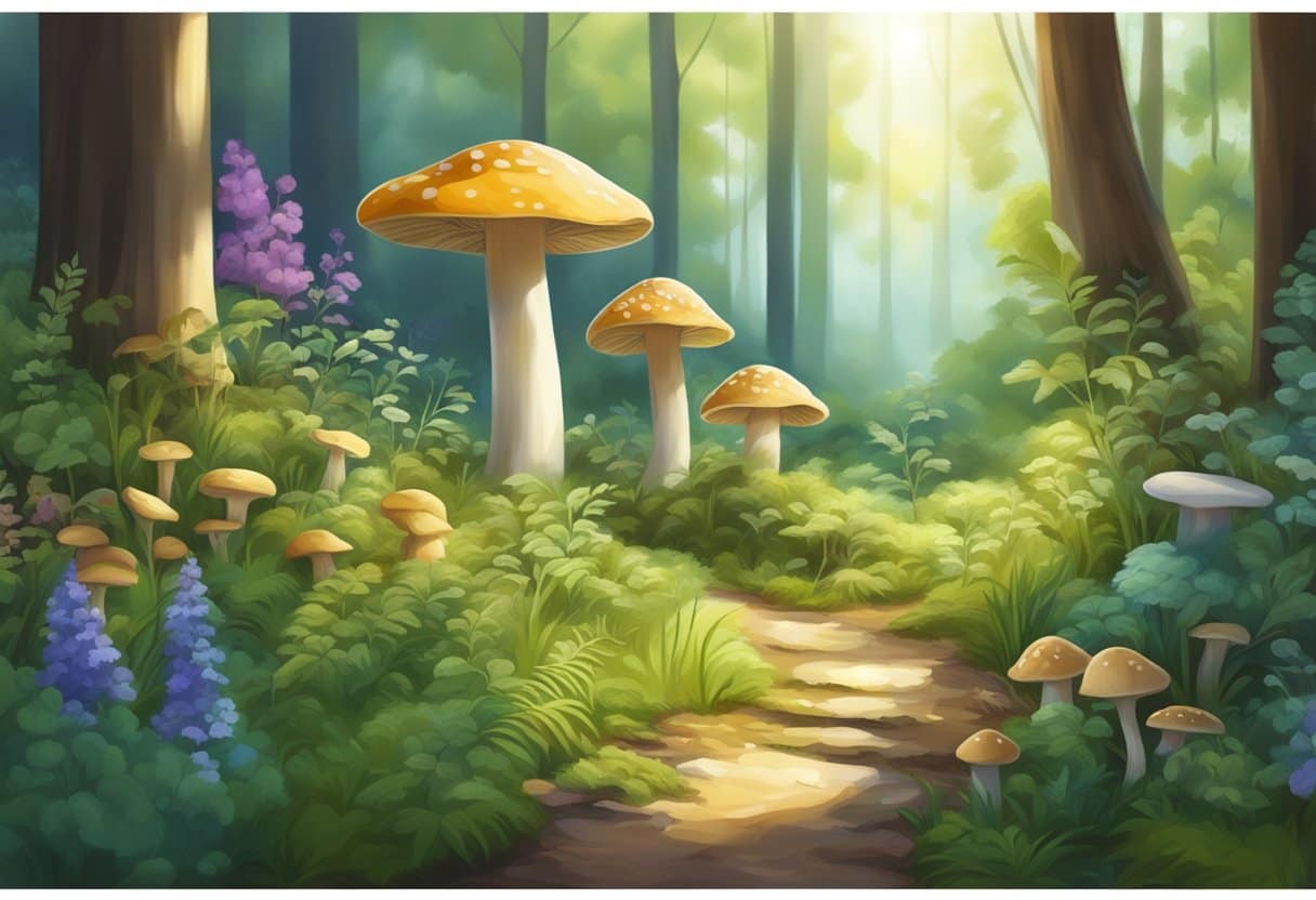 A tranquil forest clearing with a variety of colorful herbs and mushrooms growing amidst the dappled sunlight, conveying a sense of peace and natural healing