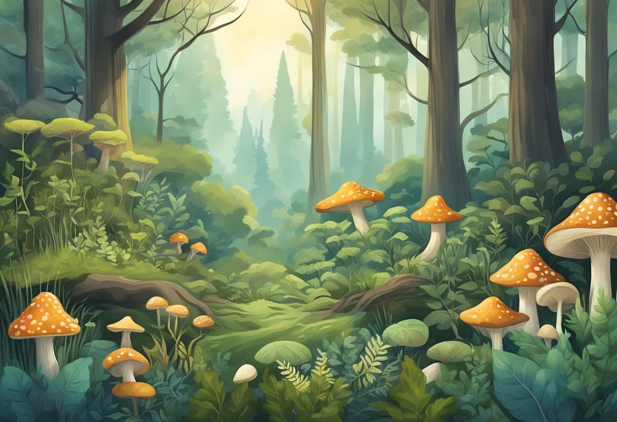 A serene forest with various herbs and mushrooms growing among the trees, symbolizing the power of adaptogens in promoting better sleep and stress resilience