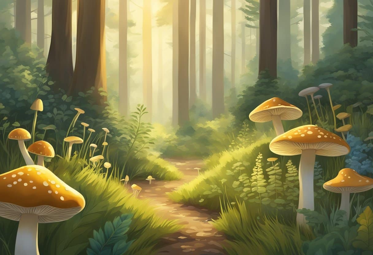 A tranquil forest clearing with various herbs and mushrooms growing, surrounded by tall trees and bathed in soft, golden sunlight