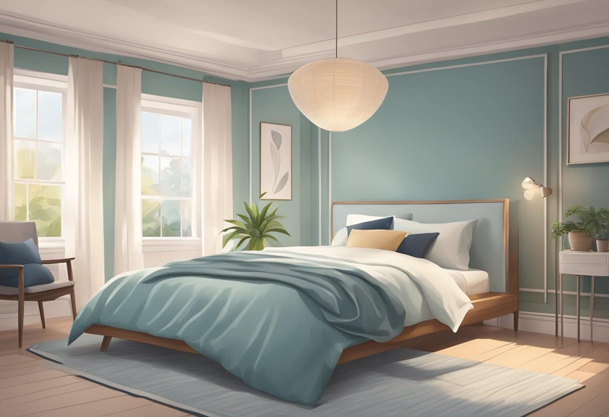 A serene bedroom with a fan blowing on a neatly made bed adorned with cooling sheets in a soothing color palette
