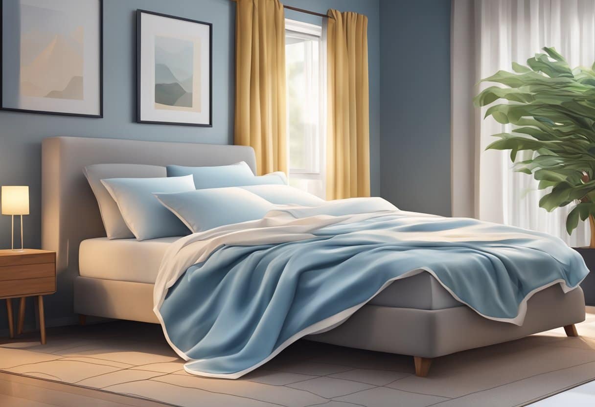 A bed with a set of cooling sheets draped over it, with a fan blowing gently in the background to create a cool and comfortable sleeping environment