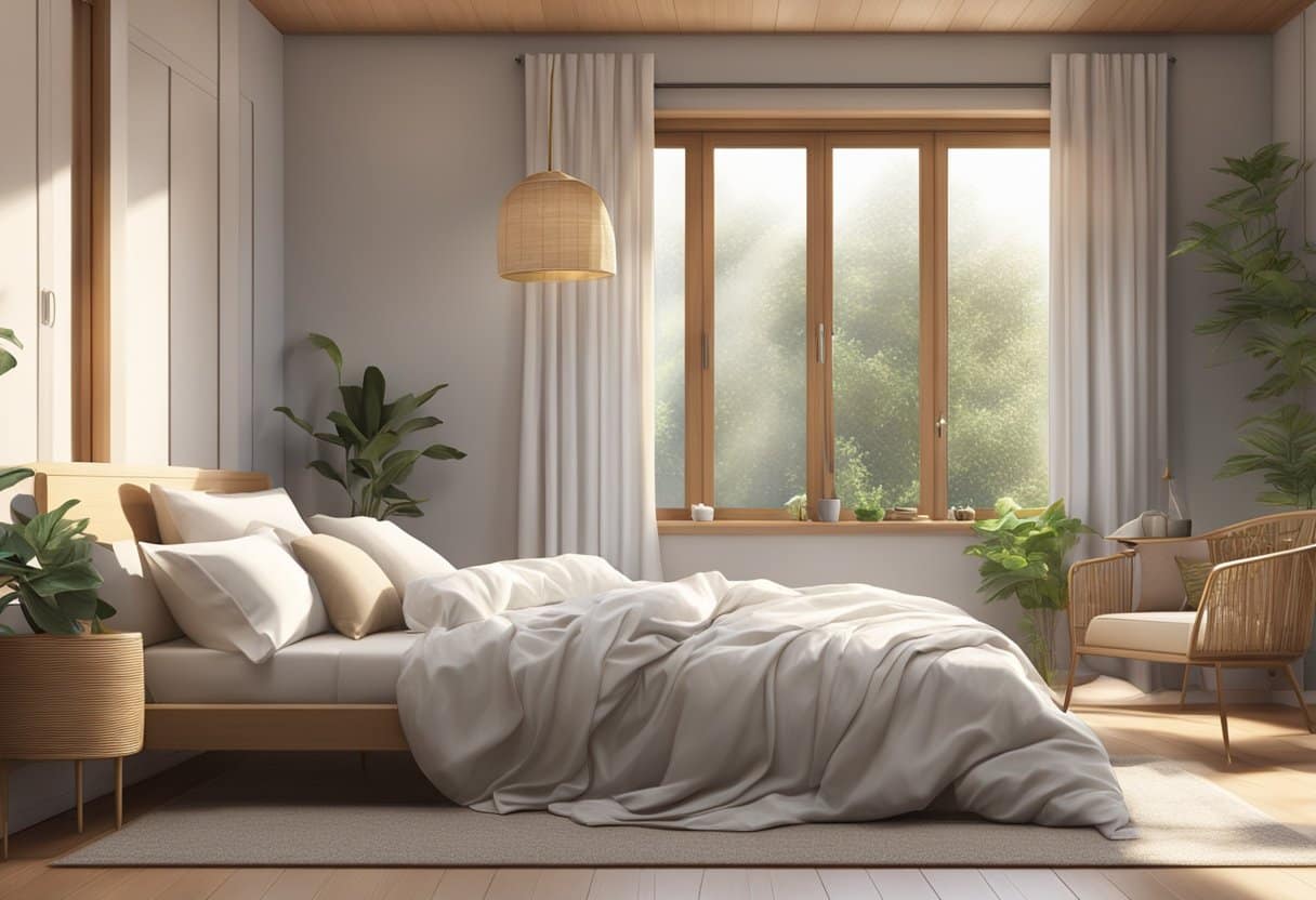 A serene bedroom with a neatly made bed adorned with cooling sheets, surrounded by a gentle breeze from an open window