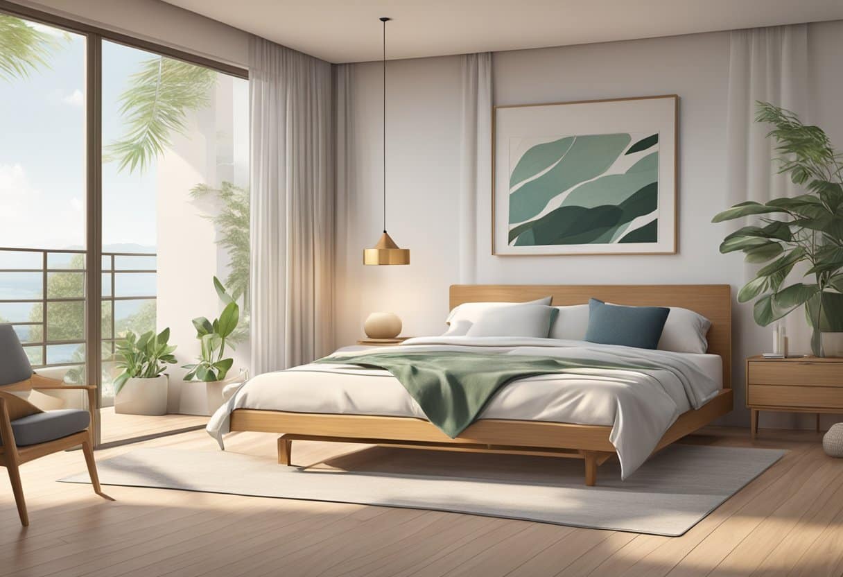 A serene bedroom with a neatly made bed adorned with cooling sheets made of bamboo, eucalyptus, or Tencel fabric. A fan or open window suggests a cool sleeping environment