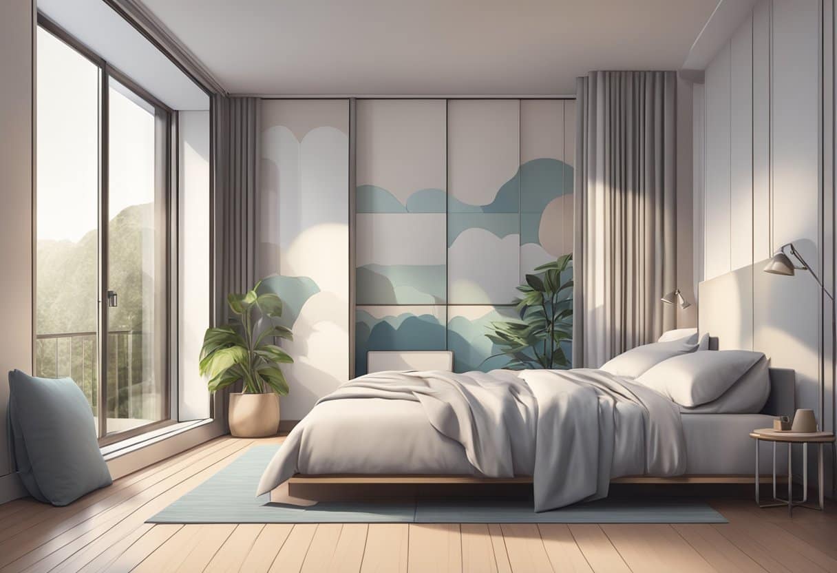 A serene bedroom with a neatly made bed, featuring a set of cooling sheets with a smooth and comfortable texture