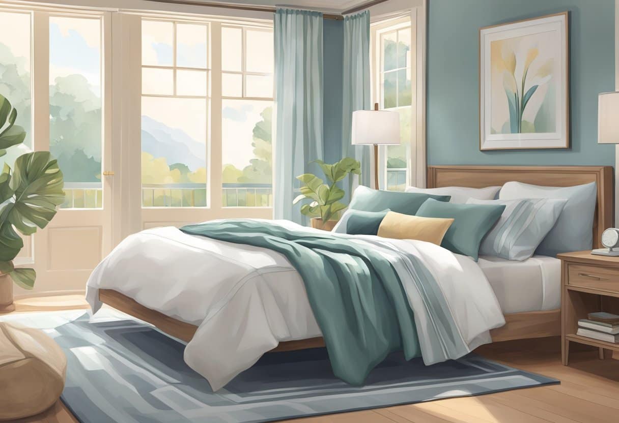A serene bedroom with a neatly made bed adorned with crisp, cooling sheets in a soothing color palette. A gentle breeze flows through an open window, creating a sense of comfort and relaxation