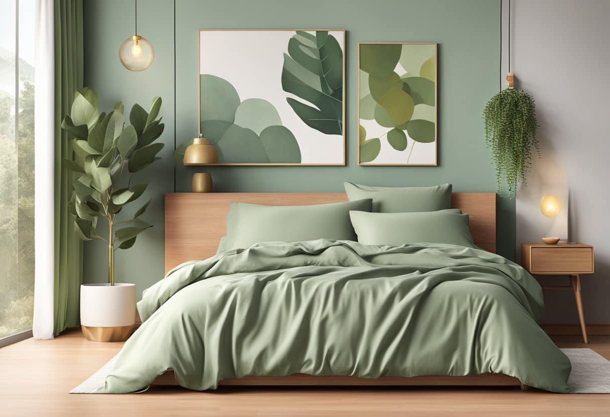 A serene bedroom with Olive + Crate Eucalyptus Cooling Sheet Set on a bed, surrounded by a cooling and refreshing atmosphere