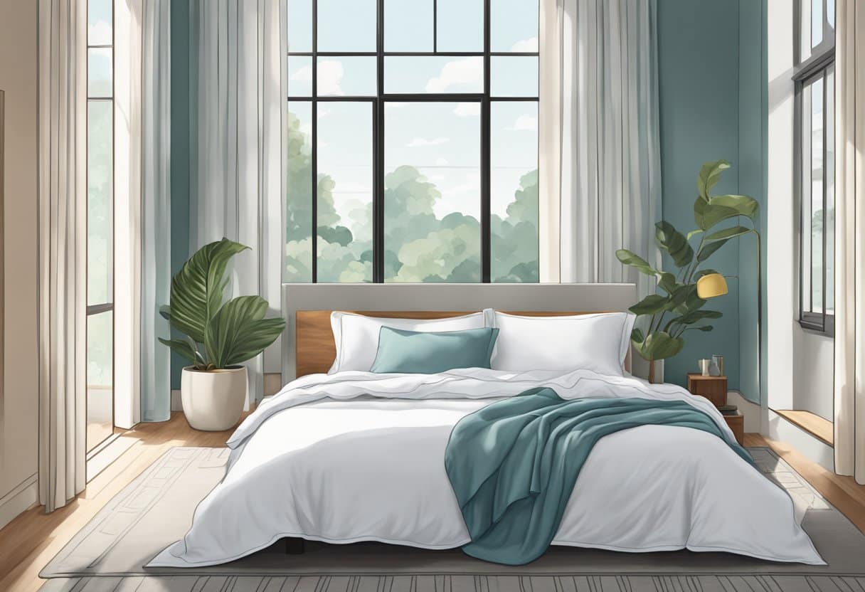 A bed with Brooklinen Linen Core Sheet Set, surrounded by a cool, airy atmosphere with a fan or open window