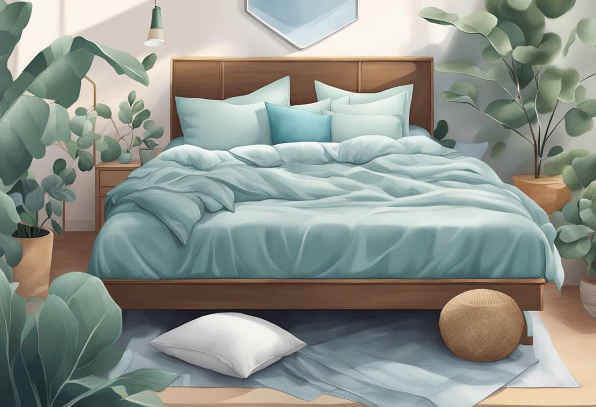 A bed with eucalyptus sheets, surrounded by cool, refreshing imagery such as ice cubes, fans, and a breeze