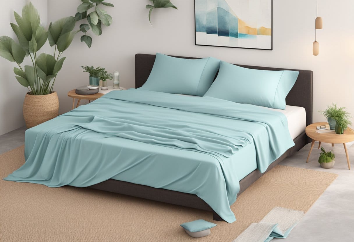 A bed with Cozy Earth Bamboo Sheet Set, surrounded by cool, refreshing elements like a fan and a glass of ice water