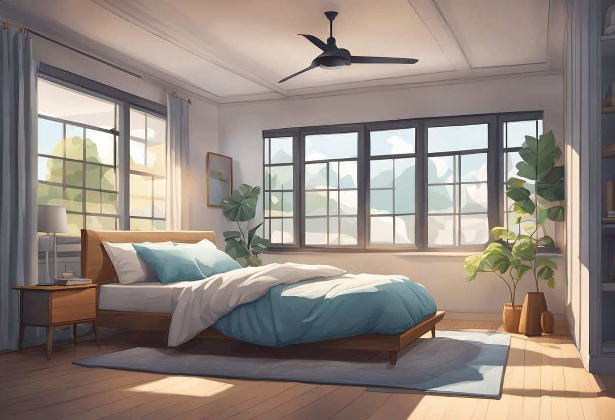 A serene bedroom with a neatly made bed adorned with Bedsure Cooling Sheets, surrounded by a fan and open windows to convey a cool and comfortable sleeping environment