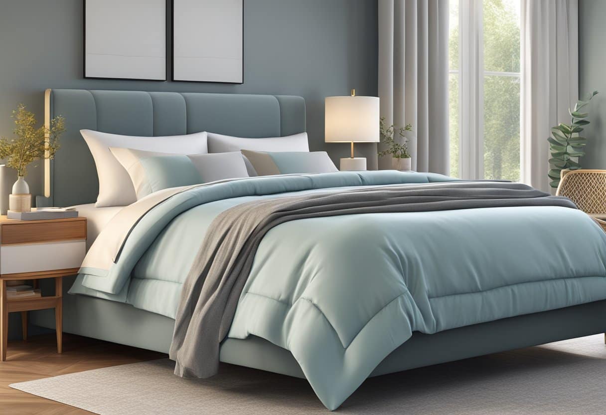 A serene bedroom with a modern cooling mattress and luxurious cooling sheets neatly arranged on the bed