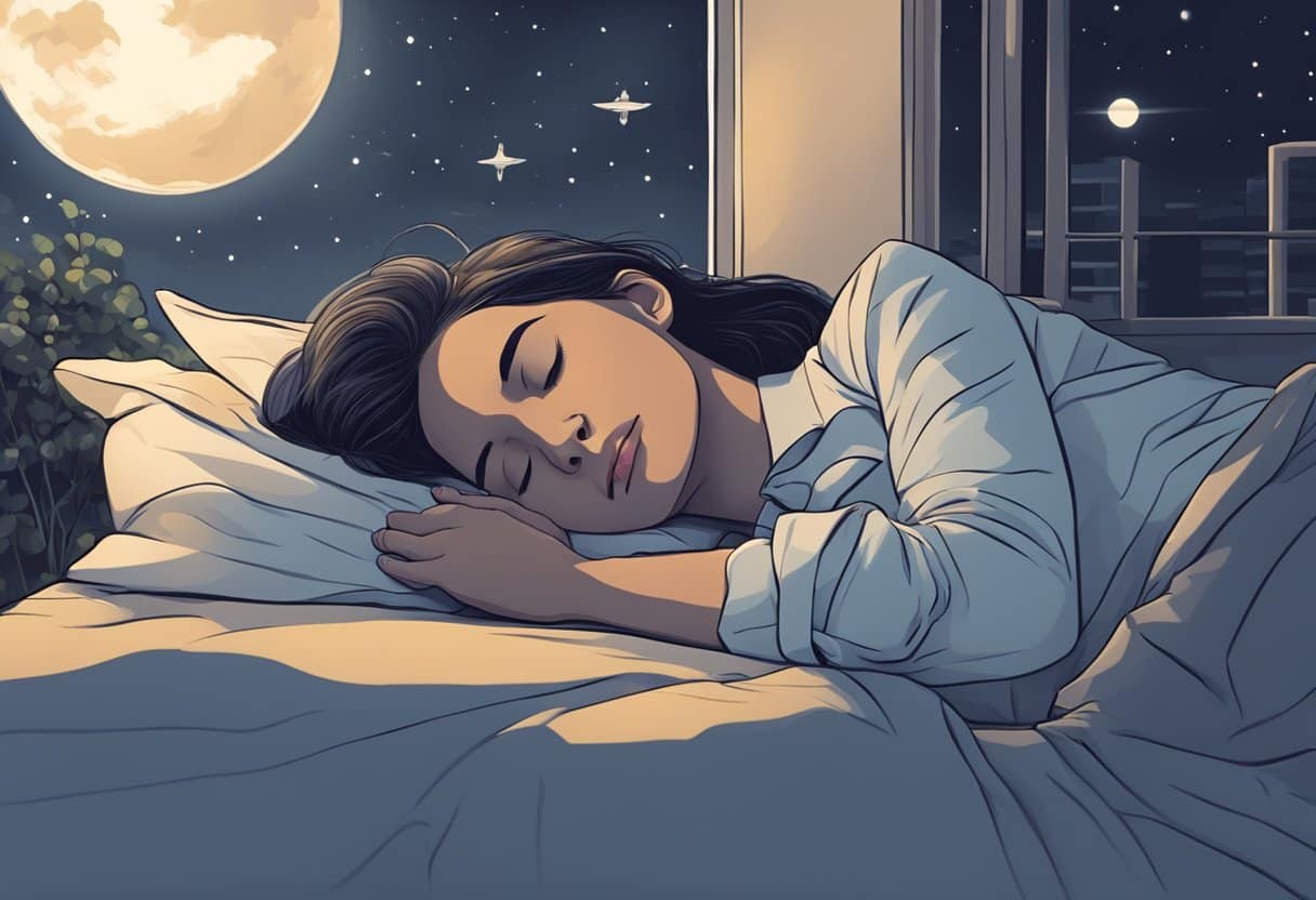 A person sleeping peacefully with their mouth open, surrounded by a calm and quiet nighttime atmosphere